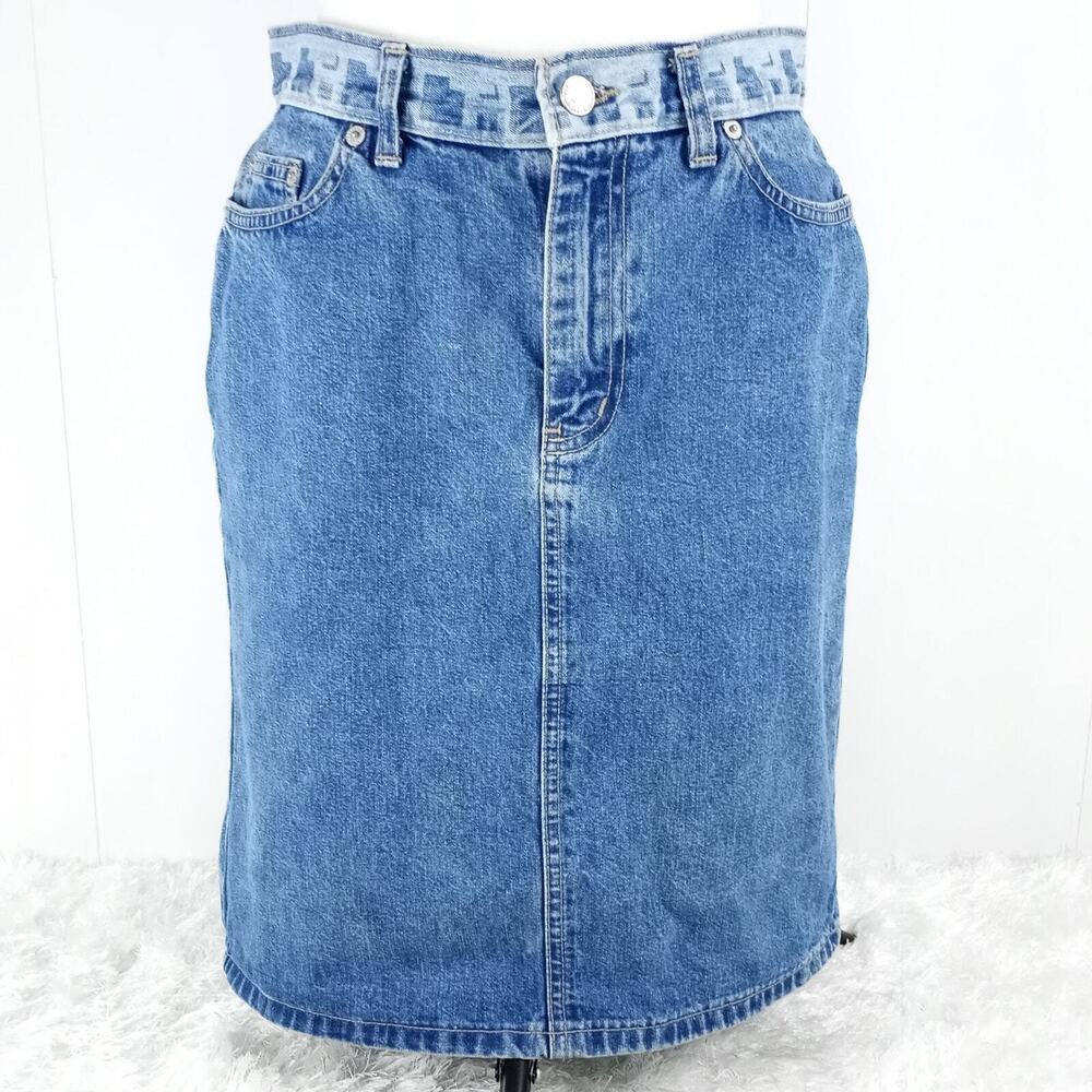 Vintage Tommy Hilfiger 90s Denim Skirt 4 Logo Waistband Medium Wash Pencil Jean